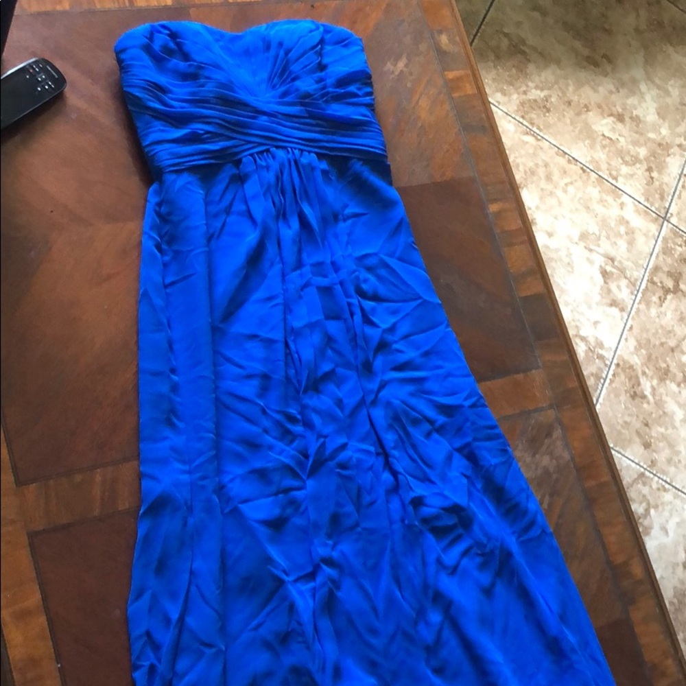 Blue strapless David’s bridal bridesmaid dress